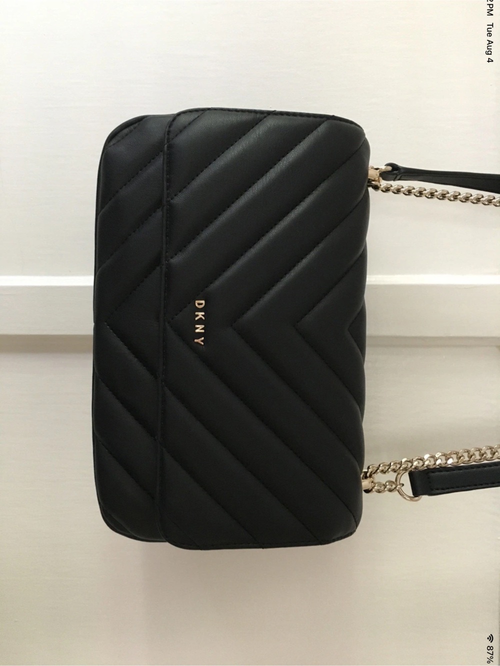 DKNY Veronica Quilted Shoulder Bag in Black with Gold Hardware